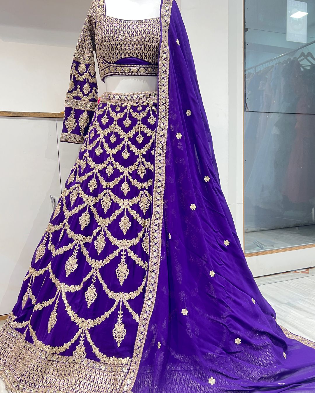 Elegant flowery lehenga rent shop collection for weddings and festive celebrations