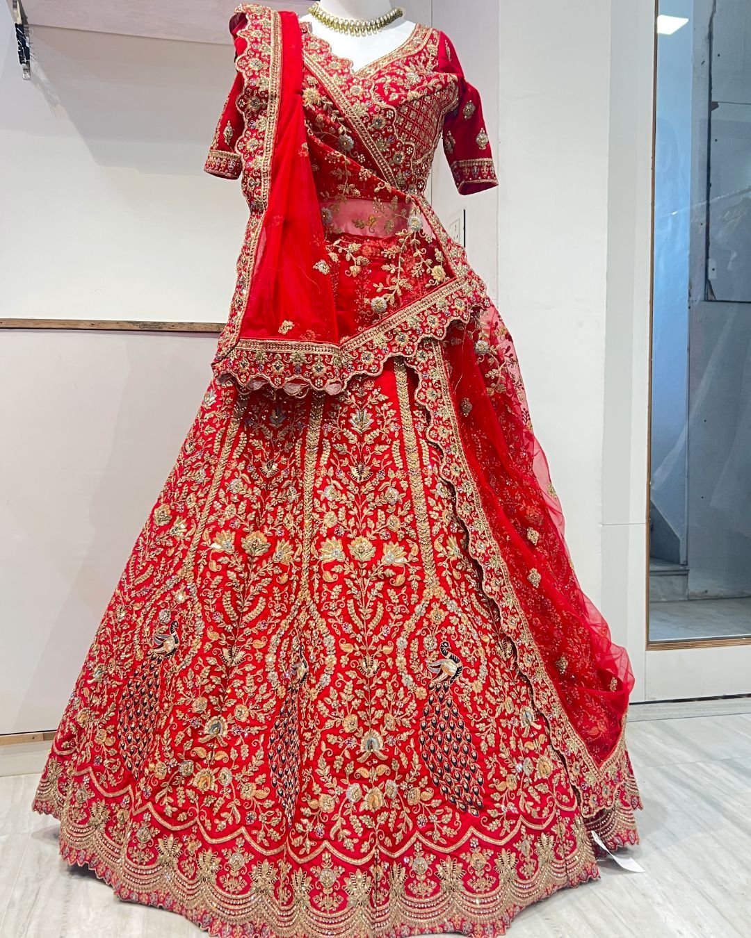 Rent Red Silk Bridal Peacock Lehenga – Royal Wedding Elegance for Brides - Image 2