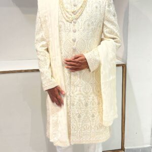 Complete sherwani set with dupatta for rent for groom wedding styling and royal ethnic wear