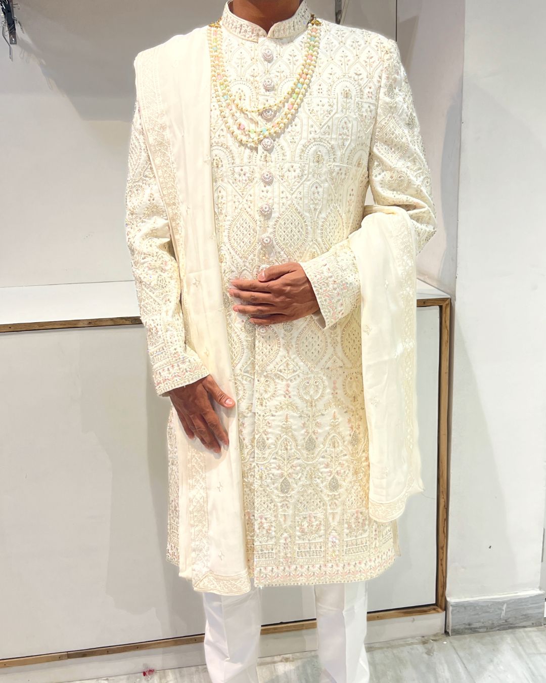 Complete sherwani set with dupatta for rent for groom wedding styling and royal ethnic wear